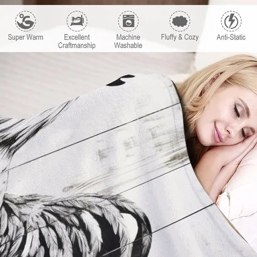 Vista 4 de Manta de microfibra suave y acogedora con diseño de gallo rústico en blanco y negro, suave y acogedora manta de microfibra para sofá, cama, oficina