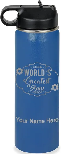 Vista 25 de LaserGram Botella de agua con tapa abatible de doble pared de 12 onzas con pajilla, la tía más grande del mundo, grabado personalizado incluido Negro
