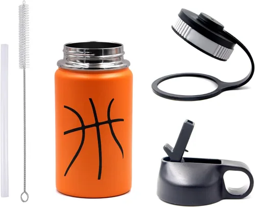 Vista 6 de Botella de agua de baloncesto de 12 onzas, botella de agua deportiva aislada al vacío de acero inoxidable con popote y 2 tapas, botella de agua