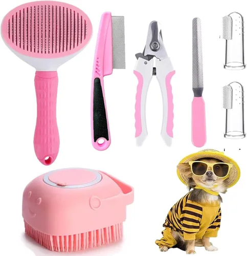 Vista 8 de Kit de aseo para mascotas, kit de limpieza automática con cortaúñas, peine de pulgas, cepillo de baño de champú, cepillo de dientes para dedos, Azul