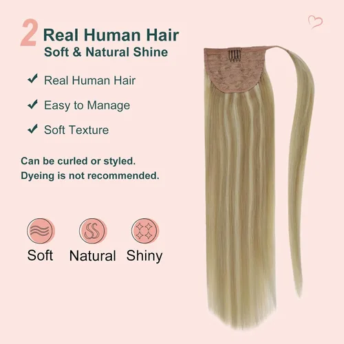 Vista 3 de Easyouth Extensión de cabello humano rubio con cola de caballo, extensiones de cabello humano rubio dorado con reflejos rubios, extensiones