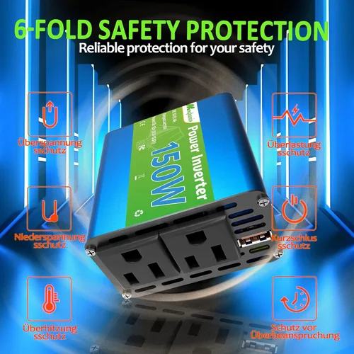 Vista 3 de 150W inversor de corriente 12V DC a 120V AC enchufe adaptador de enchufe de coche toma de corriente con 2 salidas de CA, para vehículos, salida