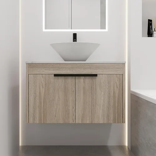 Vista 10 de Armario de tocador de baño de 24 pulgadas, tocador de baño flotante con lavabo de cerámica, moderno juego de tocador de baño colgante de roble