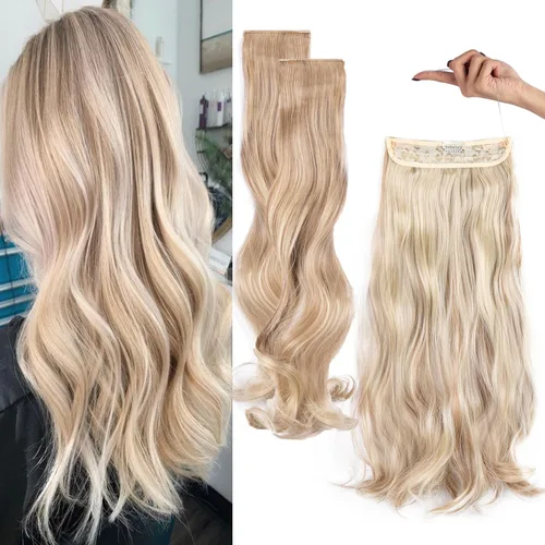Vista 14 de Extensiones de cabello invisibles con halo mejorado con 3 piezas de diadema ajustable, largo, ondulado, extensiones de cabello rubio decolorado