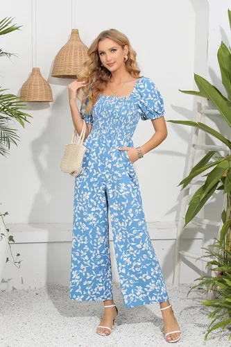 Vista 4 de Love Welove Fashion - Enterizo de verano para mujer, diseño floral, elegante, casual, holgado, pierna ancha, manga corta, de una pieza