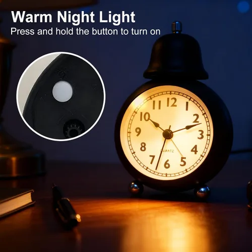 Vista 4 de Maxspace Reloj despertador clásico vintage, reloj despertador analógico retro de 3.5 pulgadas, cuarzo silencioso sin tictac con luz nocturna, reloj