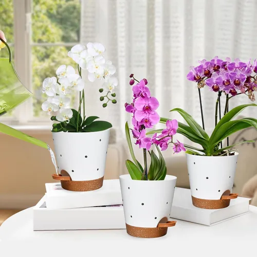 Vista 6 de 6 Inch Orchid Pot, 2 Pack Self Watering Plant Pots, Orchid Pots with Holes Blanco+Marrón