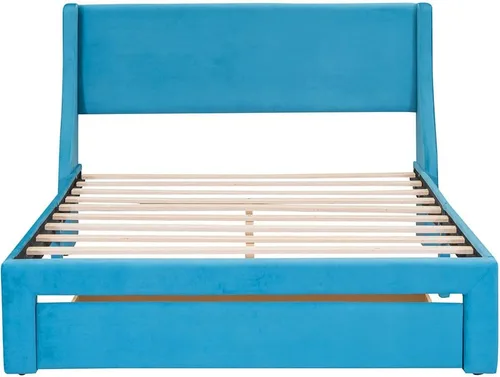 Vista 6 de Anwick Base de cama de terciopelo de tamaño matrimonial con cajón de almacenamiento, cama moderna tapizada con cabecera y listones de madera maciza