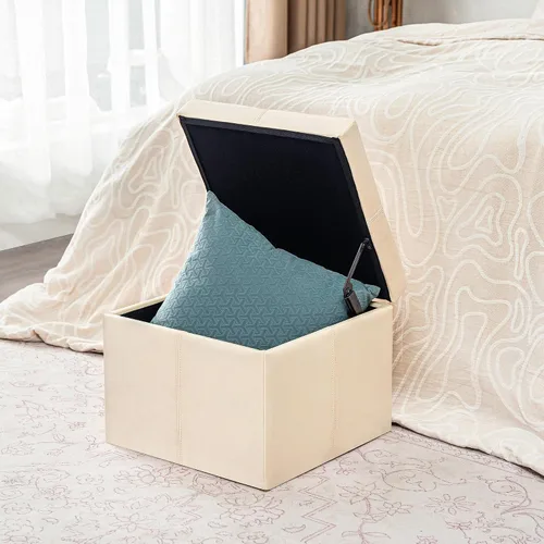 Vista 6 de Homebeez Faux Leather Storage Ottoman, 17.3" Square Upholstered Small Foot Rest Stool Cube Footstool with Hinged Lid, Load 300 lb, for Living Room