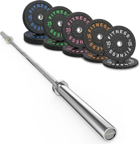 Vista 11 de HANDBODE Olympic Barbell Set, 2-Inch Bumper Plates with Weight Plate Rack