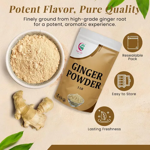 Vista 3 de Polvo de jengibre 1 LB, 100% puro y natural molido, producto de calidad premium para cocinar y té, sabroso y aromático, bolsa resellable