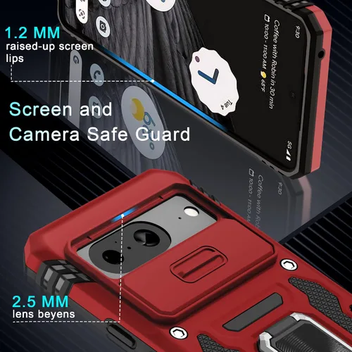 Vista 5 de DEERLAMN Funda para Google Pixel 8 con cubierta deslizante para cámara + protector de pantalla (1 paquete), soporte de anillo giratorio grado