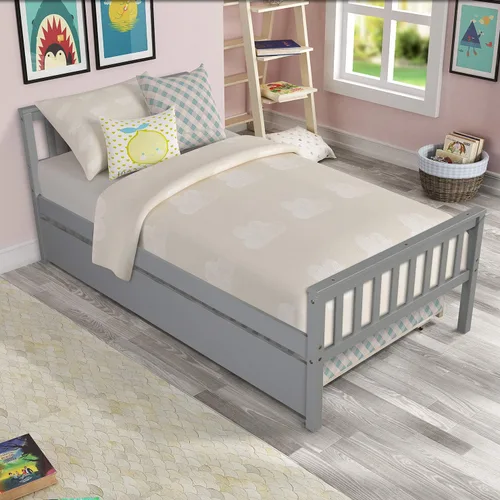 Vista 4 de Cama individual con nido, marco de cama de plataforma de madera con cabecera y estribo para dormitorio, espacio de vida pequeño, no necesita somier
