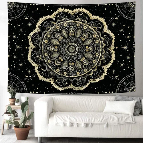 Vista 4 de Delur Tapiz de mandala negro y dorado, astrología, espacio, hippie bohemio, medallón floral, tapiz para colgar en la pared, estético, cabecero