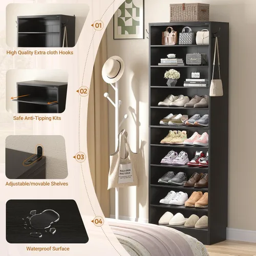 Vista 7 de Aheaplus Armario alto para zapatos, zapatero estrecho de madera de 10 niveles, organizador de almacenamiento de zapatos con almacenamiento abierto