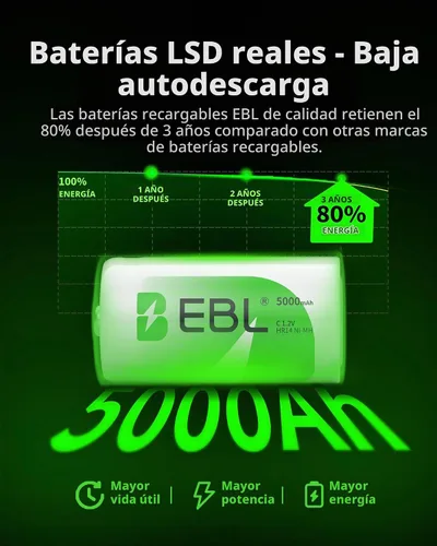 Vista 2 de EBL, pilas recargables C de alta energía de 5000 mAh Ready2Use, 4