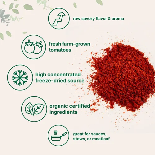 Vista 3 de Polvo de Tomate Orgánico, 2 libras Fuente de Tomates Frescos Cultivados en Granja y Secados por Congelación Sabor Sabroso Crudo Ideal