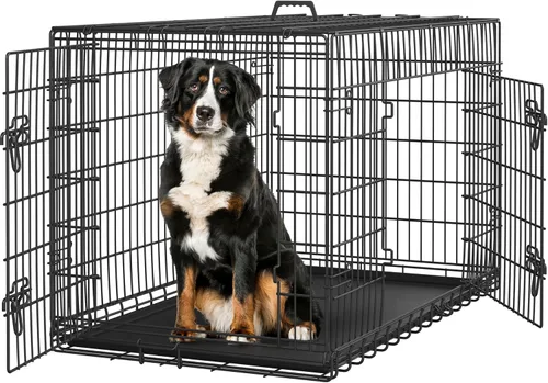Vista 11 de Yaheetech Jaula para perros de doble puerta de 30 pulgadas con divisor para cachorros, perrera plegable de metal con bandeja extraíble, jaula