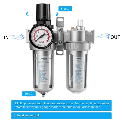 Vista 3 de NANPU 1/2" NPT Regulador de presión de filtro de aire Lubricador Kit de medidor de secador de agua/aceite Separador de trampa 3 en 1 Unidad gemela