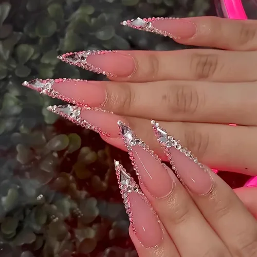 Vista 2 de BABALAL Uñas postizas largas a presión de estilo stiletto, uñas postizas francesas de lujo, con pegamento, diseño de diamantes de imitación
