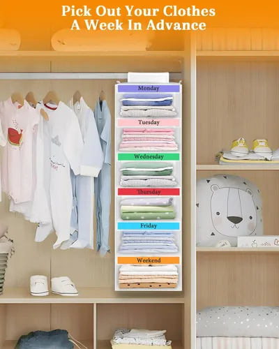 Vista 4 de punemi Organizador semanal de ropa para niños, 6 estantes colgantes con bolsillos laterales, diseño de días de la semana, 11.8 x 11.8 x 37.8
