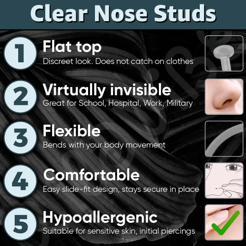 Vista 7 de Aretes de nariz transparentes para mujeres y hombres, 10 unidades, retenedores de plástico planos, transparentes, para el trabajo, cirugía