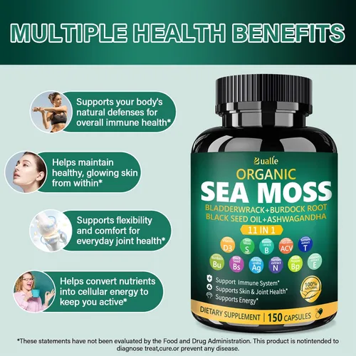 Vista 4 de Cápsulas de musgo marino irlandés Bualle – Suplementos de musgo marino orgánico, aceite de semilla negra, ashwagandha con fucus, jengibre y raíz