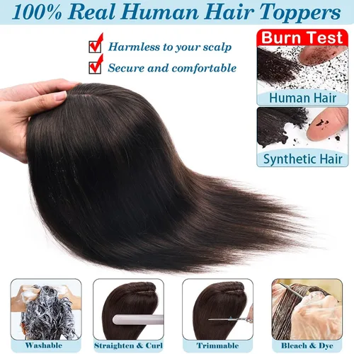 Vista 2 de JGS1996 Toppers de cabello humano real para mujer, 150% de densidad, hecha a mano, base de encaje, peluca de cabello Remy con piezas de cabello Dark