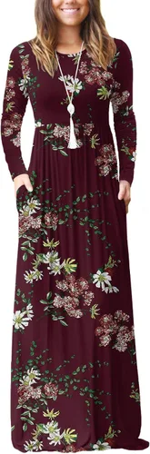 Vista 12 de GRECERELLE Vestido largo de manga larga para mujer, casual, cuello redondo, holgado, sólido floral, maxi largo con bolsillos, S-3XL A-Negro