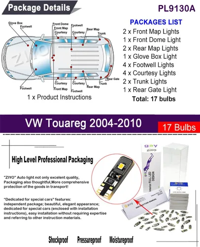 Vista 2 de Repuesto PL9130A para Volkswagen Touareg 2004-2010, kit de luces LED interiores de 6000 K, accesorios de bombillas LED blancas de cúpula