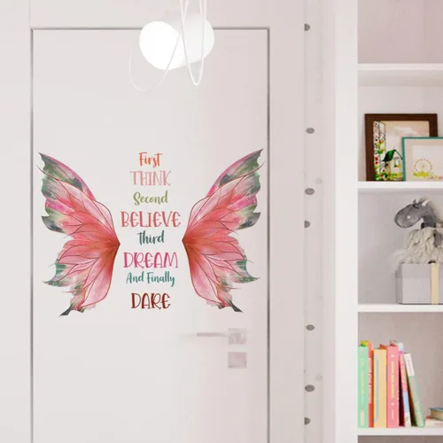 Vista 7 de Calcomanía de pared con citas de mariposa rosa, Think Believe Dream Dare - Calcomanías de pared de vinilo autoadhesivo para decoración de pared