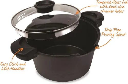 Vista 4 de MasterPan Olla antiadherente para pasta de 5 cuartos de galón con asas de bloqueo y colador fácil de verter, 9 pulgadas