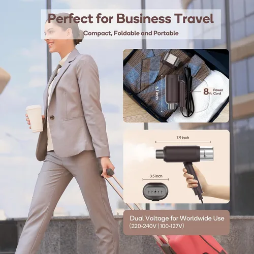 Vista 7 de Newbealer Pro Business Travel Steamer, 1200 W de doble voltaje, 6.1 fl oz (marrón) Foldable & 20s Fast Heat, 360° Anti-Spill Garment Steamer