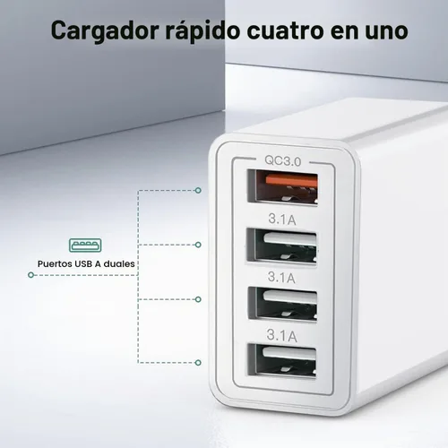 Vista 4 de Cargador USB, Bloque de Carga de Pared USBA de 4 Puertos, Adaptador de Enchufe de Carga Rápida QC 3.0 Compatible con iPhone 12/13/14/15/XS/XS 1