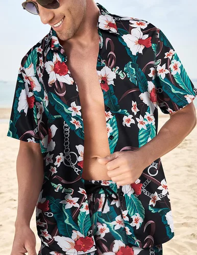 Vista 2 de Camisa hawaiana de 2 piezas para hombre, camisa de manga corta con botones