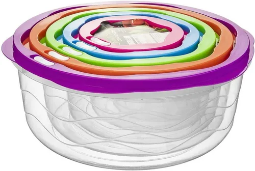 Vista 3 de Recipientes redondos de almacenamiento de alimentos con tapas coloridas a presión, juego de 5 recipientes de cocina de plástico