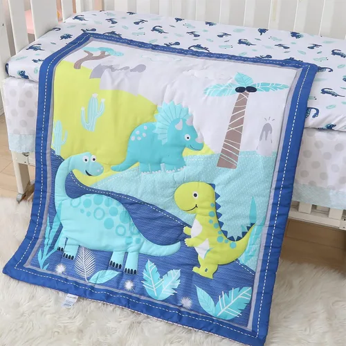 Vista 8 de Juego de ropa de cama para cuna de dinosaurio para niños, color azul, juego de ropa de cama de 3 piezas de alta calidad, juego de cuna de guardería