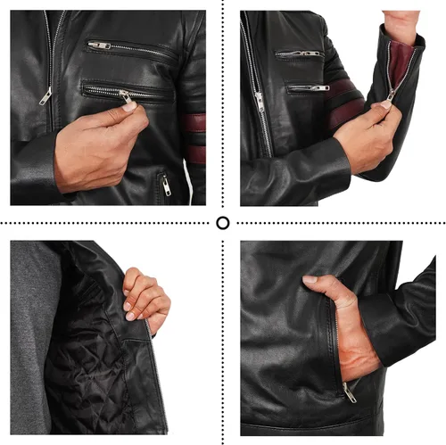 Vista 5 de Men's Fight Motorcycle Pitt Red Stripes Tyler Durden Black Leather Jacket-Cafe Racer Jacket
