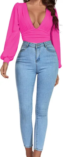Vista 6 de Umenlele Body de manga larga plisado con cuello en V y fruncido para mujer