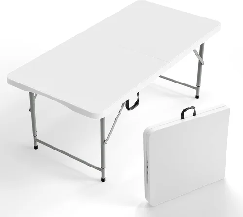 Vista 15 de Vingli - Mesa plegable de 4 pies de plástico para camping, altura ajustable en 3 niveles, portátil para interiores/exteriores, mesa de fiesta Negro