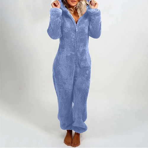 Vista 3 de Adult Onesie For Women Fuzzy Fleece One Piece Zipper Pajamas Plus Size Winter Loungewear Solid Jumpsuit With Ear Hood