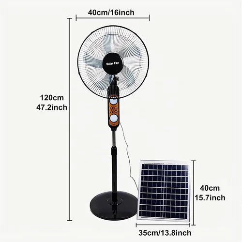 Vista 3 de Ventilador solar recargable de 16 pulgadas, ventilador oscilante ajustable de pie, motor de corriente continua, ventilador de piso silencioso