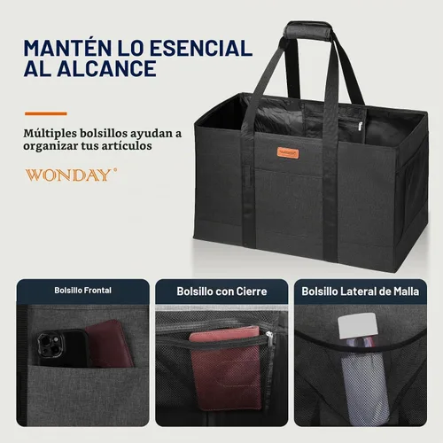 Vista 7 de Bolsa tote grande de WONDAY, bolsa de alimentos plegable y reutilizable, bolsa tote con asas, bolsa de la compra para alimentos, almacenamiento Negro
