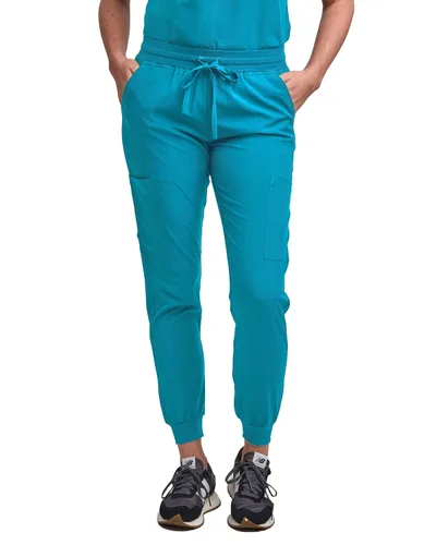 Vista 4 de Green Town Conjunto de ropa quirúrgica para mujer, pantalón deportivo y parte superior con cuello en V, 5 bolsillos, cintura de yoga, uniforme