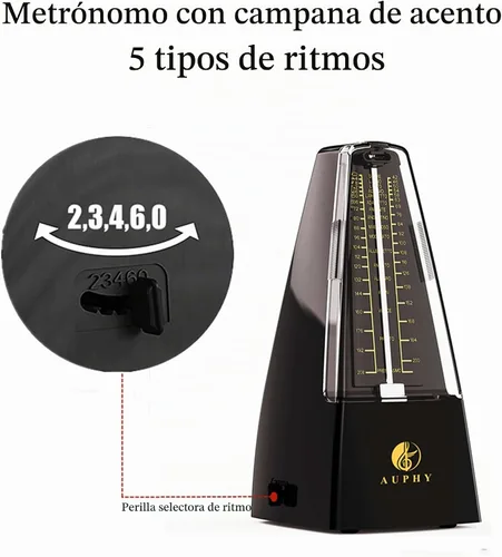 Vista 2 de Metrónomo mecánico con campana de acento, forma clásica, ritmo preciso, múltiples modos de ritmo, adecuado para piano, guitarra, batería, violín