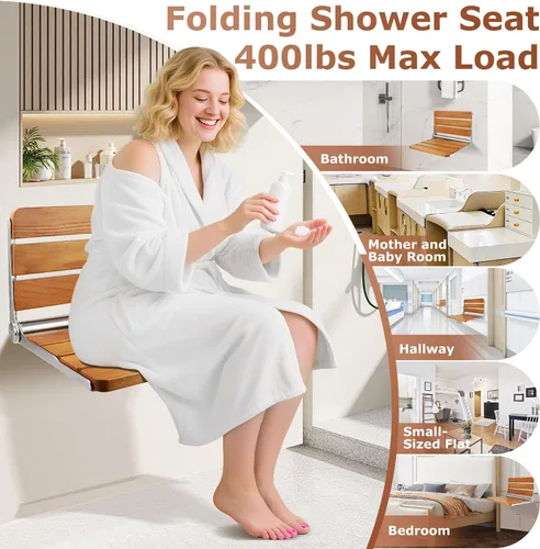 Vista 2 de Asiento de ducha plegable montado en la pared, banco de ducha plegable para espacios de ducha pequeños, carga máxima de 400 libras para ducha