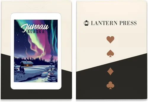 Vista 4 de Lantern Press Juneau, Alaska, Northern Lights and Cabin, Two People, 52 Playing Cards for Adults, Poker Size Card Deck