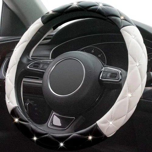 Vista 8 de funda de piel para volante, con diamantes de imitación, suave, bonita y antideslizante, para mujeres y niñas, para volantes de 15 pulgadas Negro