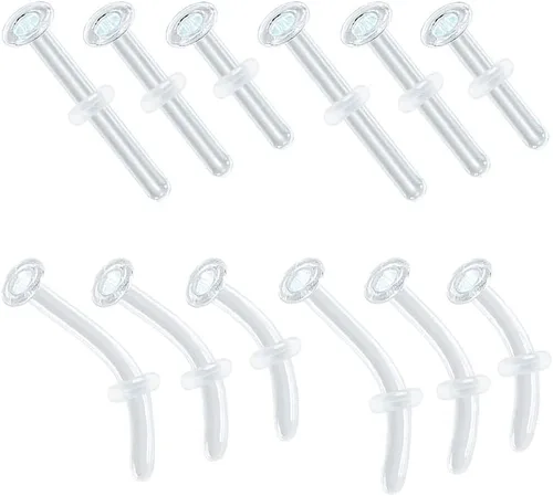 Vista 8 de 12pcs Glass Piercing Retainers Set for Work/Surgery/Sports, 18g 16g 14g Curved Clear Nose Studs for Cartilage Tragus Conch Daith Helix Lip Nose