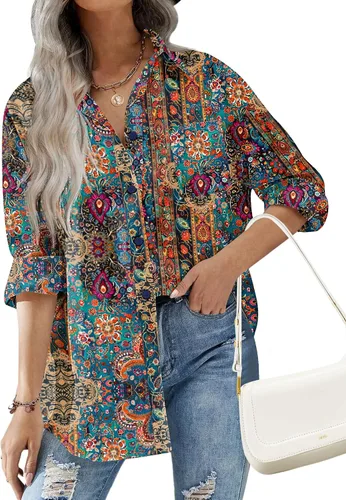 Vista 6 de HOTOUCH Camisas de gran tamaño con botones para mujer, blusa de hombro caída para oficina, de manga larga, estilo novio, camisa de vestir